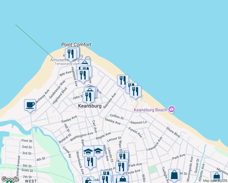 map of restaurants, bars, coffee shops, grocery stores, and more near 33A Bayview Avenue in Keansburg