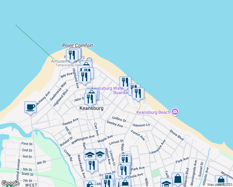map of restaurants, bars, coffee shops, grocery stores, and more near 33A Bayview Avenue in Keansburg