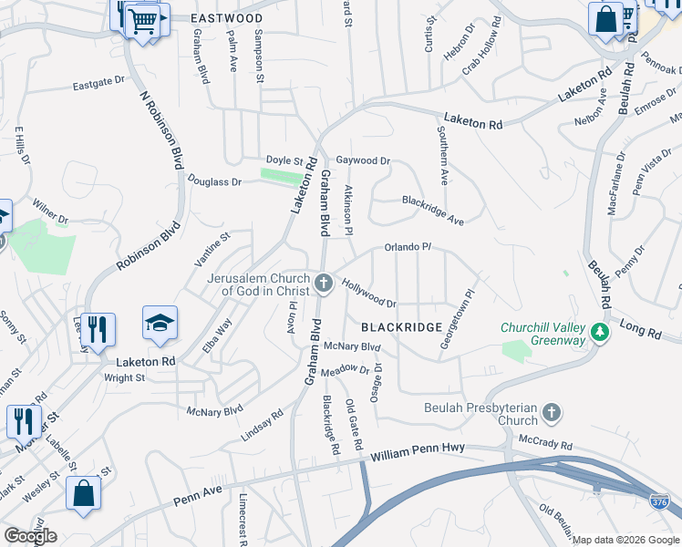 map of restaurants, bars, coffee shops, grocery stores, and more near 1614 Graham Boulevard in Pittsburgh