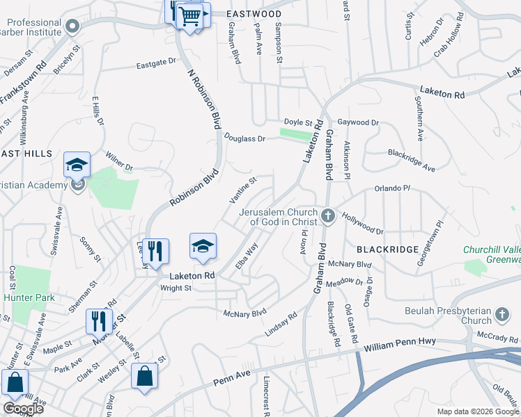 map of restaurants, bars, coffee shops, grocery stores, and more near 2129 Laketon Road in Pittsburgh