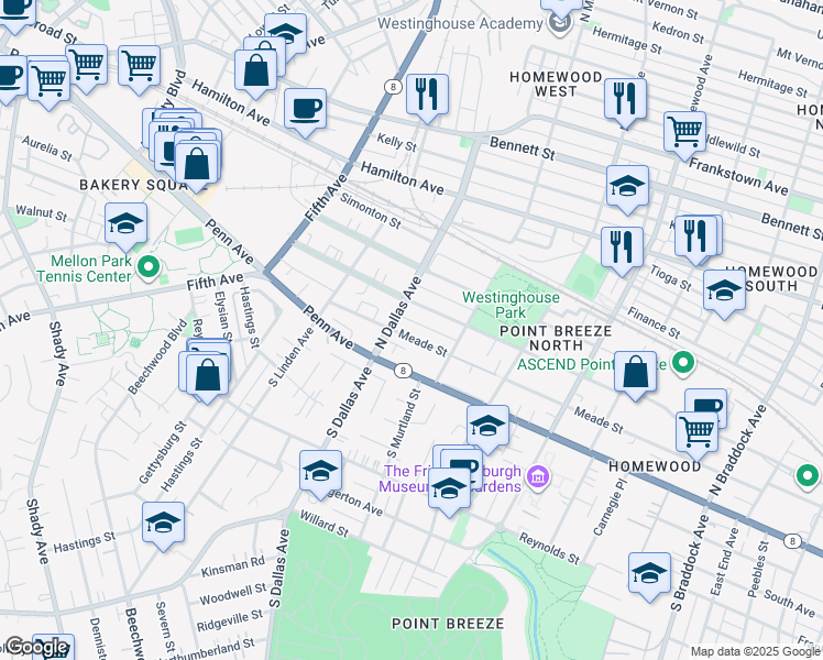 map of restaurants, bars, coffee shops, grocery stores, and more near 6927 Meade Street in Pittsburgh
