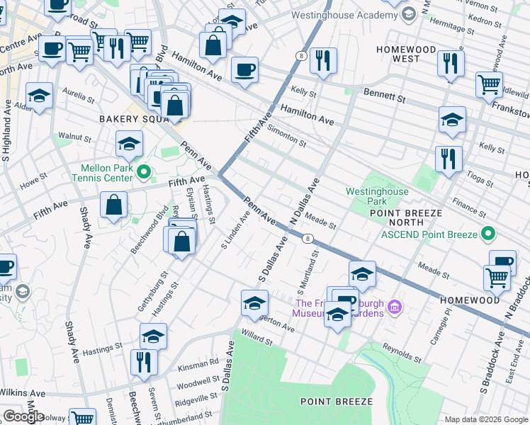 map of restaurants, bars, coffee shops, grocery stores, and more near 6829 Pennsylvania 8 in Pittsburgh