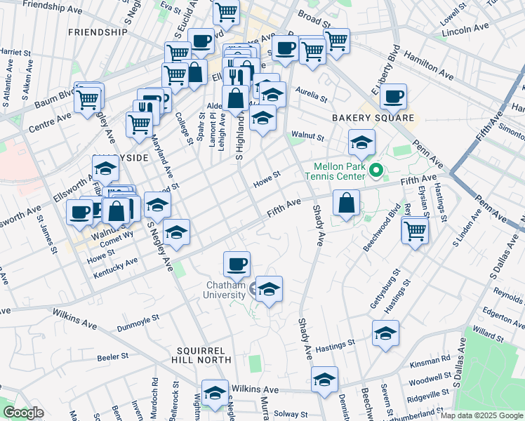 map of restaurants, bars, coffee shops, grocery stores, and more near 5945 Fifth Avenue in Pittsburgh