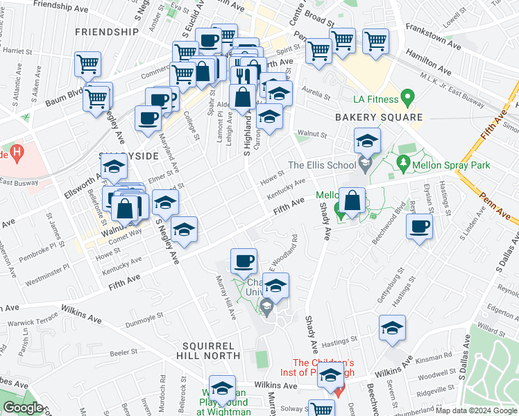 map of restaurants, bars, coffee shops, grocery stores, and more near 5945 Fifth Avenue in Pittsburgh