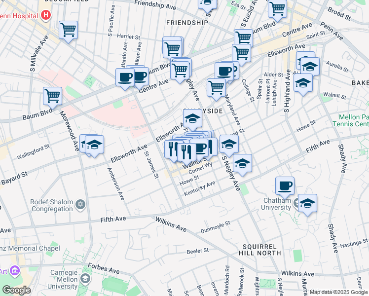 map of restaurants, bars, coffee shops, grocery stores, and more near 722 Filbert Street in Pittsburgh