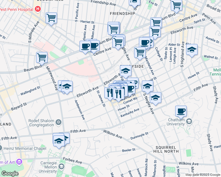 map of restaurants, bars, coffee shops, grocery stores, and more near 705 Copeland Street in Pittsburgh