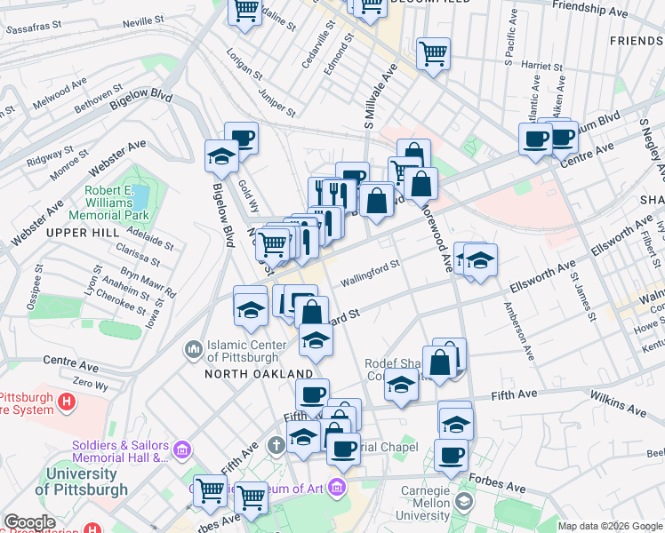 map of restaurants, bars, coffee shops, grocery stores, and more near 4719 Wallingford Street in Pittsburgh
