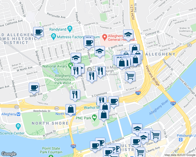 map of restaurants, bars, coffee shops, grocery stores, and more near 1 Allegheny Square East in Pittsburgh
