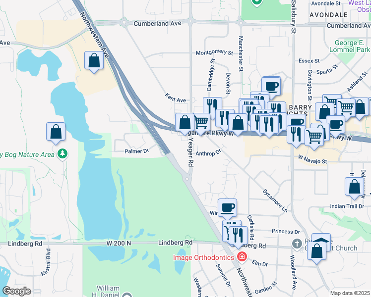 map of restaurants, bars, coffee shops, grocery stores, and more near 2363 Yeager Road in West Lafayette