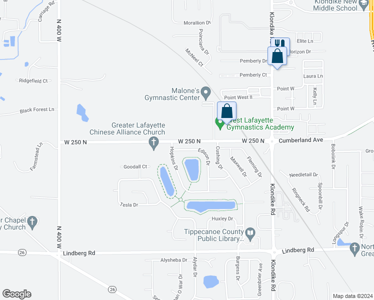 map of restaurants, bars, coffee shops, grocery stores, and more near 3419 Edison Drive in West Lafayette