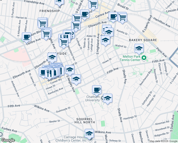 map of restaurants, bars, coffee shops, grocery stores, and more near 5812 Howe Street in Pittsburgh