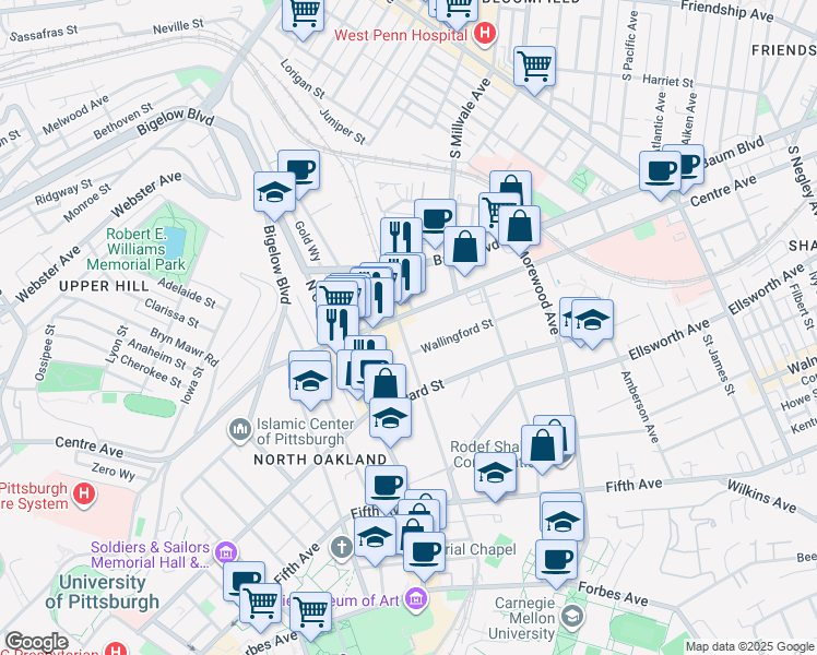 map of restaurants, bars, coffee shops, grocery stores, and more near 311 North Neville Street in Pittsburgh