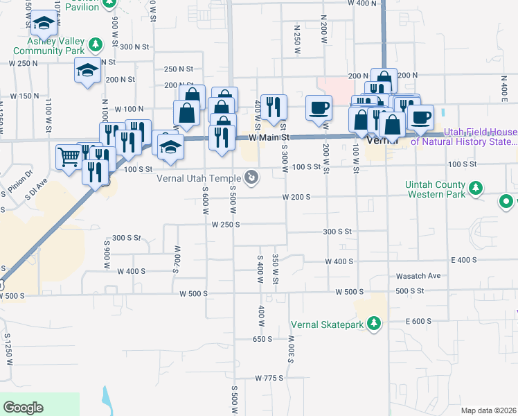 map of restaurants, bars, coffee shops, grocery stores, and more near 394 West 250 South in Vernal