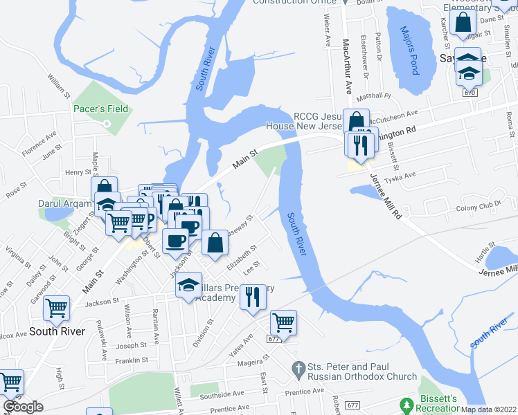 map of restaurants, bars, coffee shops, grocery stores, and more near 78 Causeway Street in South River