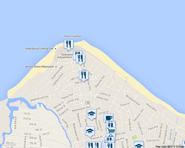 map of restaurants, bars, coffee shops, grocery stores, and more near Oceanview Avenue in Keansburg