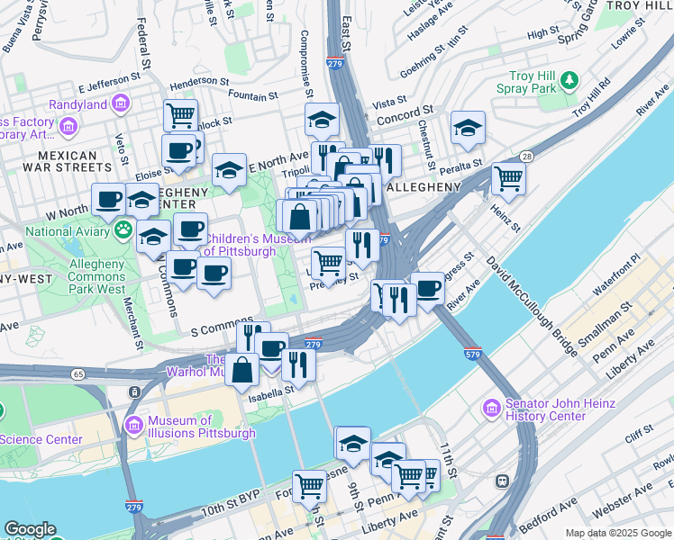 map of restaurants, bars, coffee shops, grocery stores, and more near 515 Lockhart Street in Pittsburgh