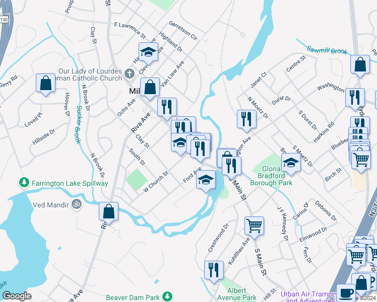 map of restaurants, bars, coffee shops, grocery stores, and more near 48 North Main Street in Milltown