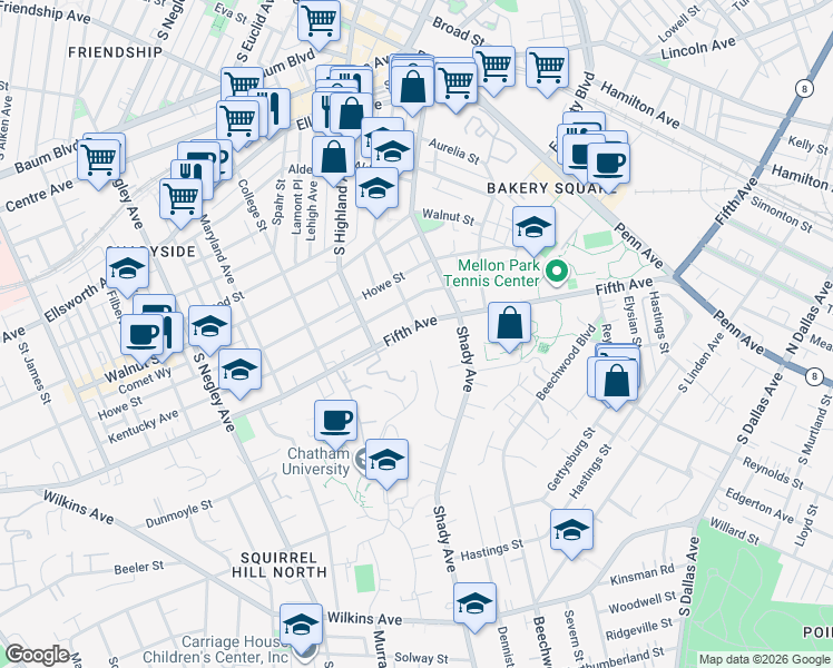 map of restaurants, bars, coffee shops, grocery stores, and more near 6200 Fifth Avenue in Pittsburgh