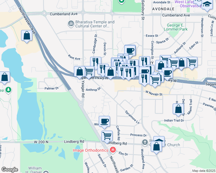 map of restaurants, bars, coffee shops, grocery stores, and more near 2440 Sycamore Lane in West Lafayette