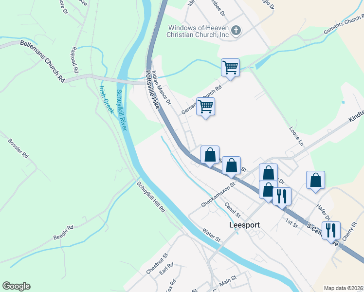 map of restaurants, bars, coffee shops, grocery stores, and more near 349 North Centre Avenue in Leesport