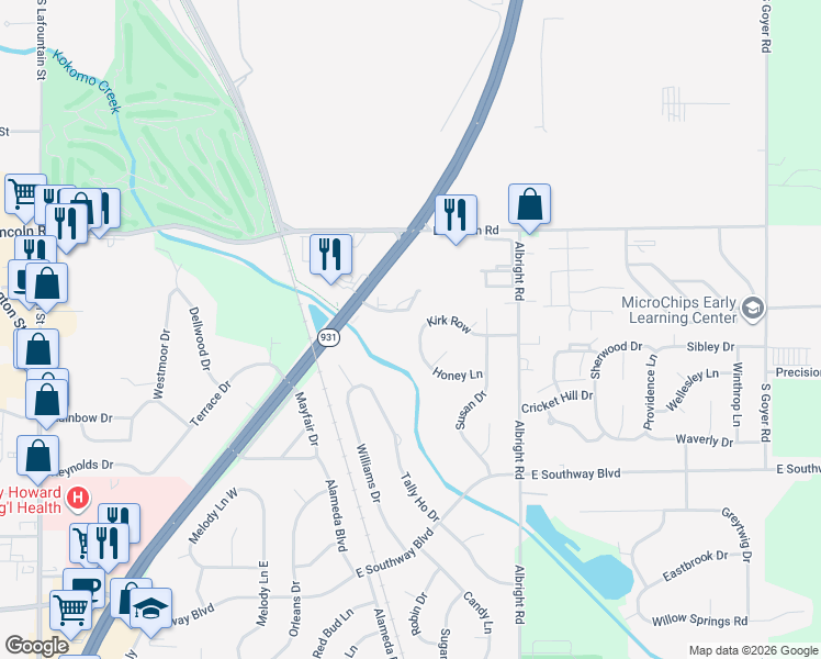 map of restaurants, bars, coffee shops, grocery stores, and more near 1305 Kirk Row in Kokomo
