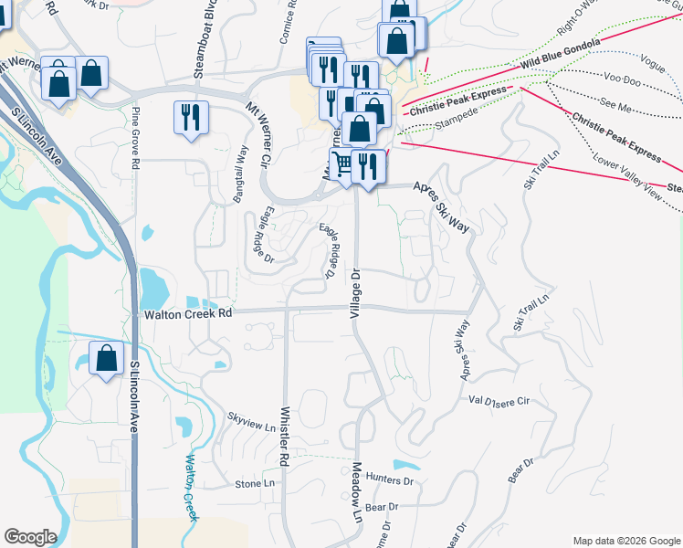 map of restaurants, bars, coffee shops, grocery stores, and more near 2907 Blackhawk Court in Steamboat Springs