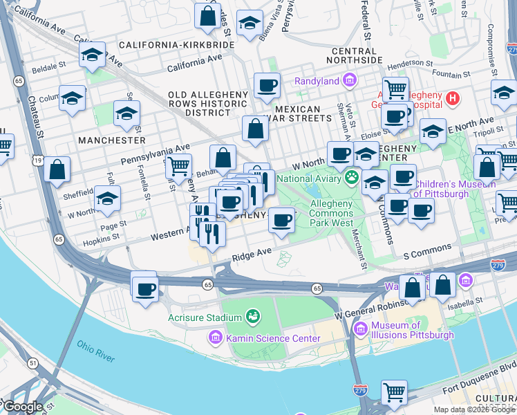 map of restaurants, bars, coffee shops, grocery stores, and more near 847 Western Avenue in Pittsburgh