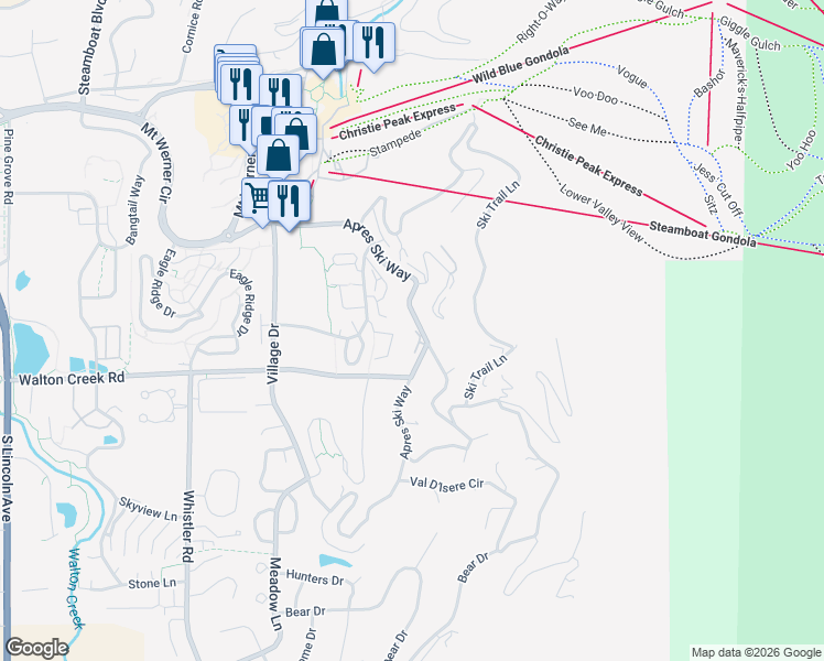 map of restaurants, bars, coffee shops, grocery stores, and more near 2617 Apres Ski Way in Steamboat Springs