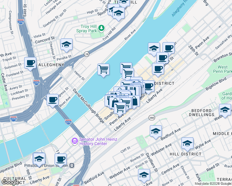 map of restaurants, bars, coffee shops, grocery stores, and more near 1904 Waterfront Place in Pittsburgh