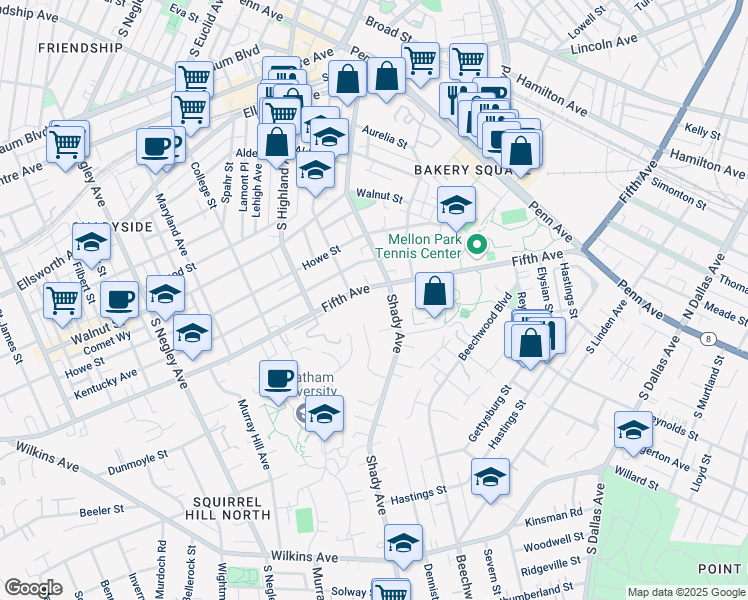 map of restaurants, bars, coffee shops, grocery stores, and more near 6224 Fifth Avenue in Pittsburgh