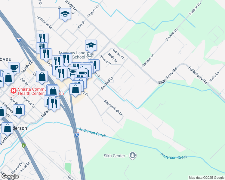 map of restaurants, bars, coffee shops, grocery stores, and more near 2400 Shady Lane in Anderson