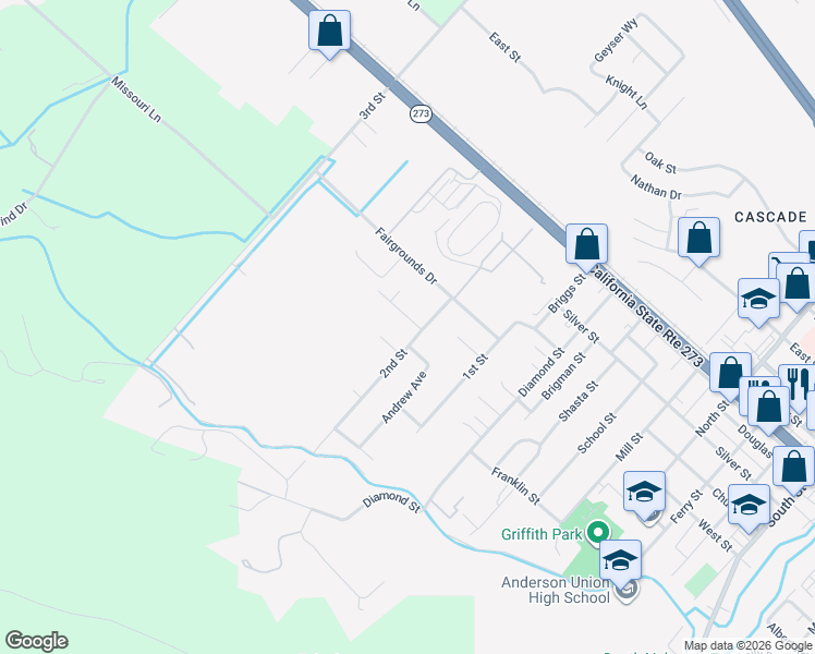 map of restaurants, bars, coffee shops, grocery stores, and more near 1590 2nd Street in Anderson