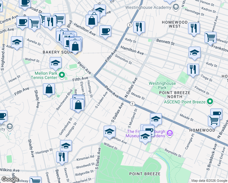 map of restaurants, bars, coffee shops, grocery stores, and more near 6829 Pennsylvania 8 in Pittsburgh