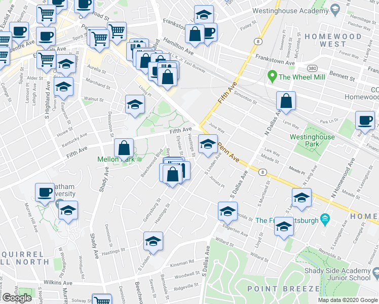 map of restaurants, bars, coffee shops, grocery stores, and more near 241 Conover Road in Pittsburgh
