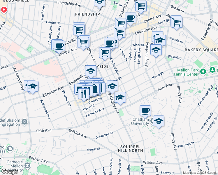 map of restaurants, bars, coffee shops, grocery stores, and more near in Pittsburgh