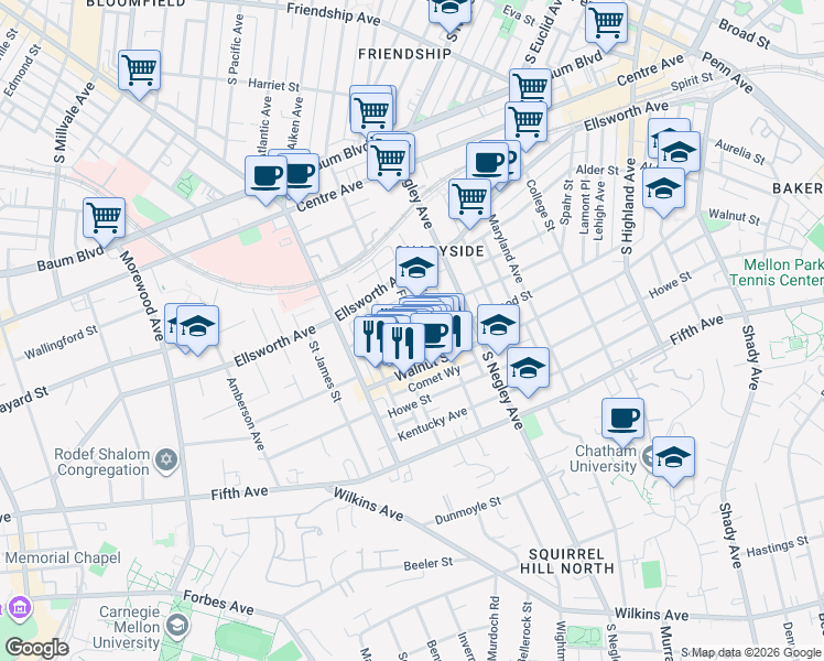 map of restaurants, bars, coffee shops, grocery stores, and more near 722 Filbert Street in Pittsburgh