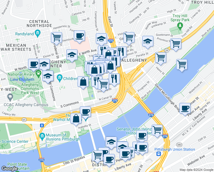 map of restaurants, bars, coffee shops, grocery stores, and more near 510 Pressley Street in Pittsburgh