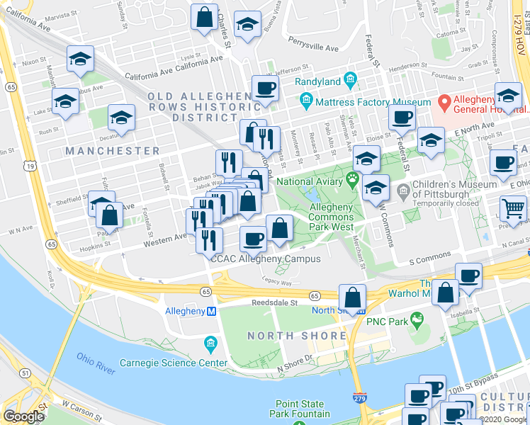 map of restaurants, bars, coffee shops, grocery stores, and more near 801 Western Avenue in Pittsburgh
