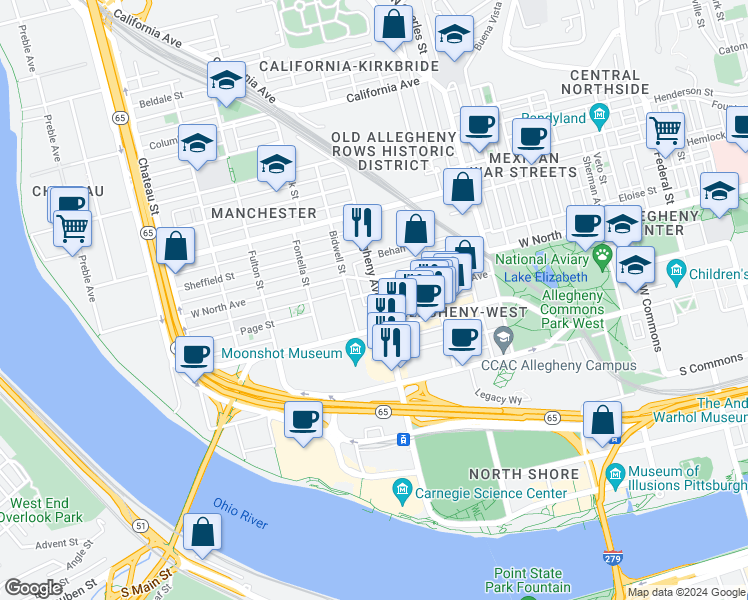 map of restaurants, bars, coffee shops, grocery stores, and more near 971 Beech Avenue in Pittsburgh