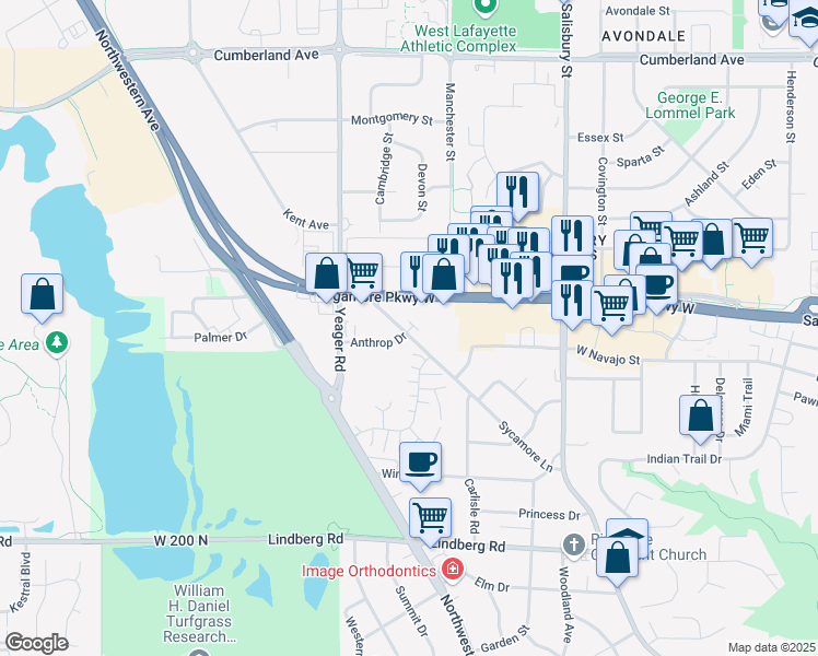 map of restaurants, bars, coffee shops, grocery stores, and more near in West Lafayette