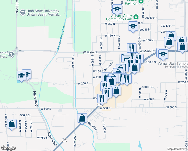map of restaurants, bars, coffee shops, grocery stores, and more near 1348 West 200 South in Vernal