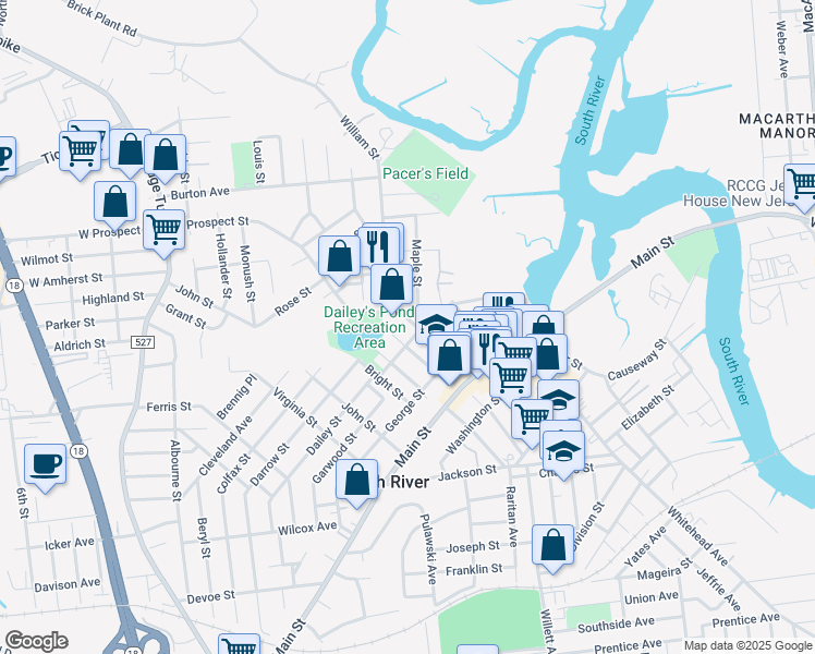 map of restaurants, bars, coffee shops, grocery stores, and more near 34 Thomas Street in South River