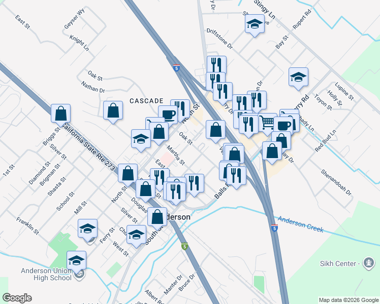 map of restaurants, bars, coffee shops, grocery stores, and more near 2261 Ferry Street in Anderson