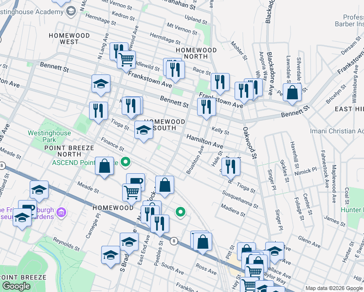 map of restaurants, bars, coffee shops, grocery stores, and more near 7607 Tioga Street in Pittsburgh