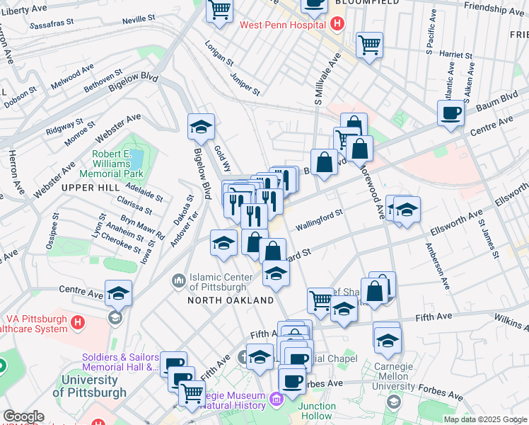 map of restaurants, bars, coffee shops, grocery stores, and more near 4635 Centre Avenue in Pittsburgh