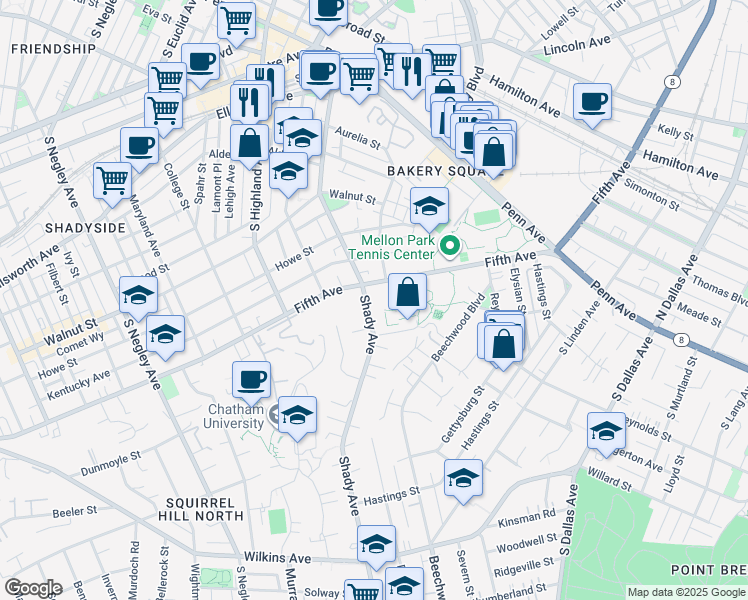 map of restaurants, bars, coffee shops, grocery stores, and more near 699 Shady Avenue in Pittsburgh