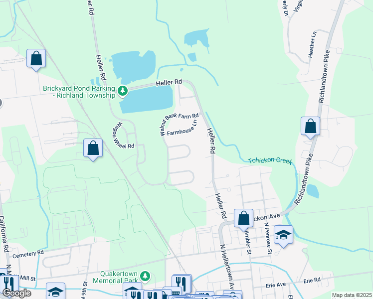map of restaurants, bars, coffee shops, grocery stores, and more near 1127 Red Barn Lane in Quakertown