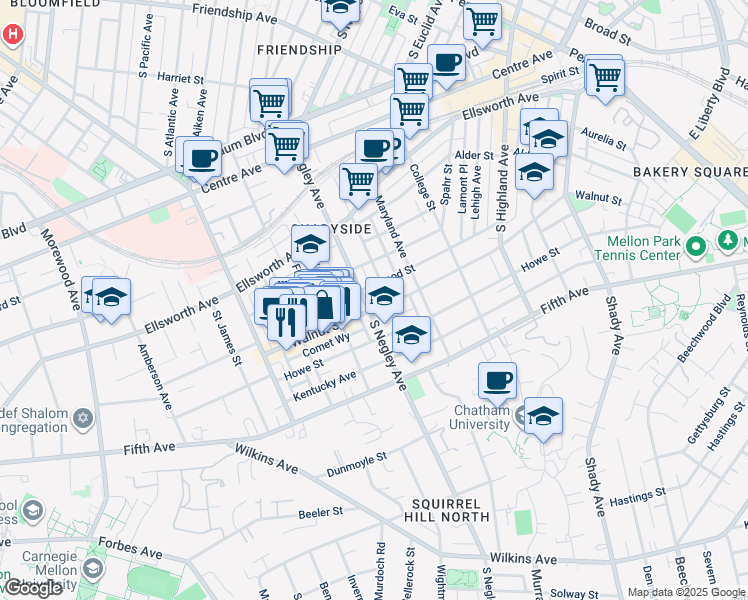 map of restaurants, bars, coffee shops, grocery stores, and more near in Pittsburgh
