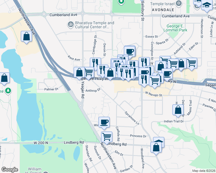 map of restaurants, bars, coffee shops, grocery stores, and more near 2450 Sycamore Lane in West Lafayette