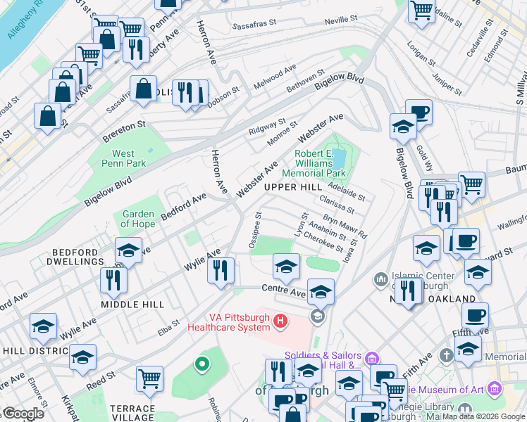 map of restaurants, bars, coffee shops, grocery stores, and more near 652 Bryn Mawr Road in Pittsburgh